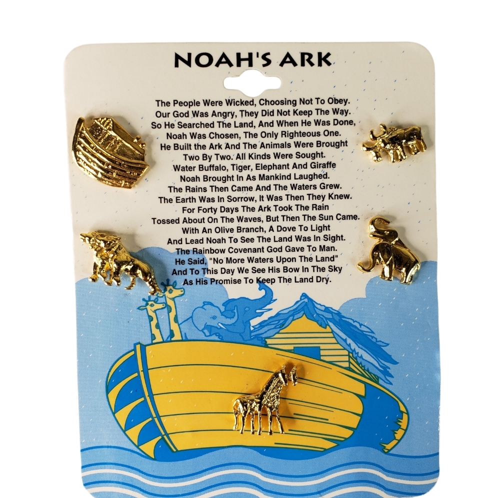 VTG Noah's Ark Pins Goldtone New on Original Card Giraffe Elephant Set gold tone